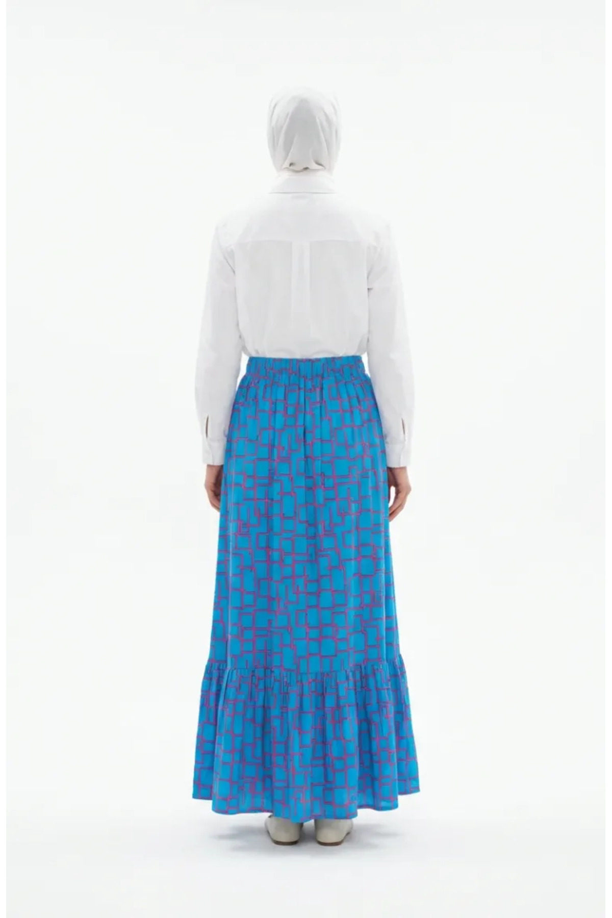 sefamerve  Viskon Kumaş Beli Lastikli Fırfırlı Etek 2012U-01 Mavi - Görsel 3