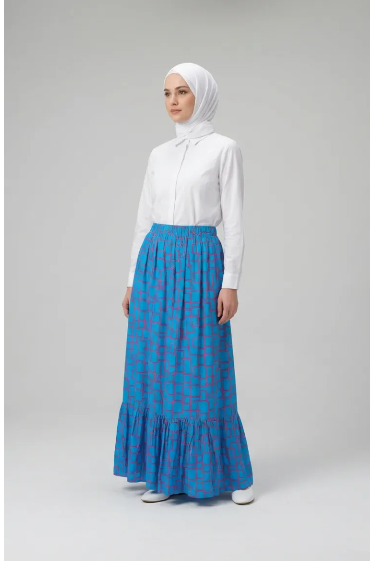 sefamerve  Viskon Kumaş Beli Lastikli Fırfırlı Etek 2012U-01 Mavi - Görsel 2