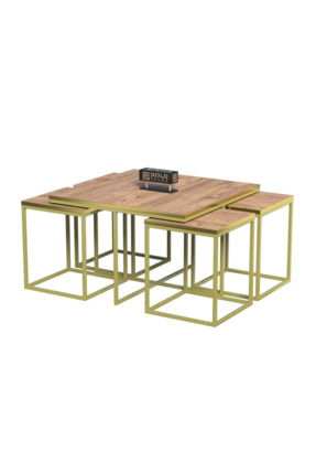 Energic Orta Sehpa Ve Zigon Sehpa 5'li Lüx Set Altın Ceviz