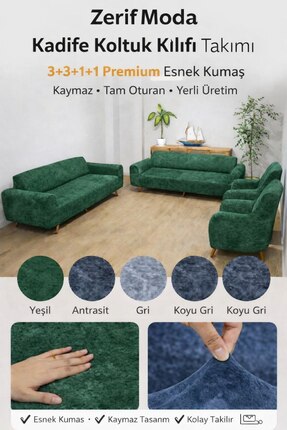 zerif home Kadife Koltuk Örtüsü Takımı 3+3+1+1 Esnek Lastikli Kaymaz Tam Otur...