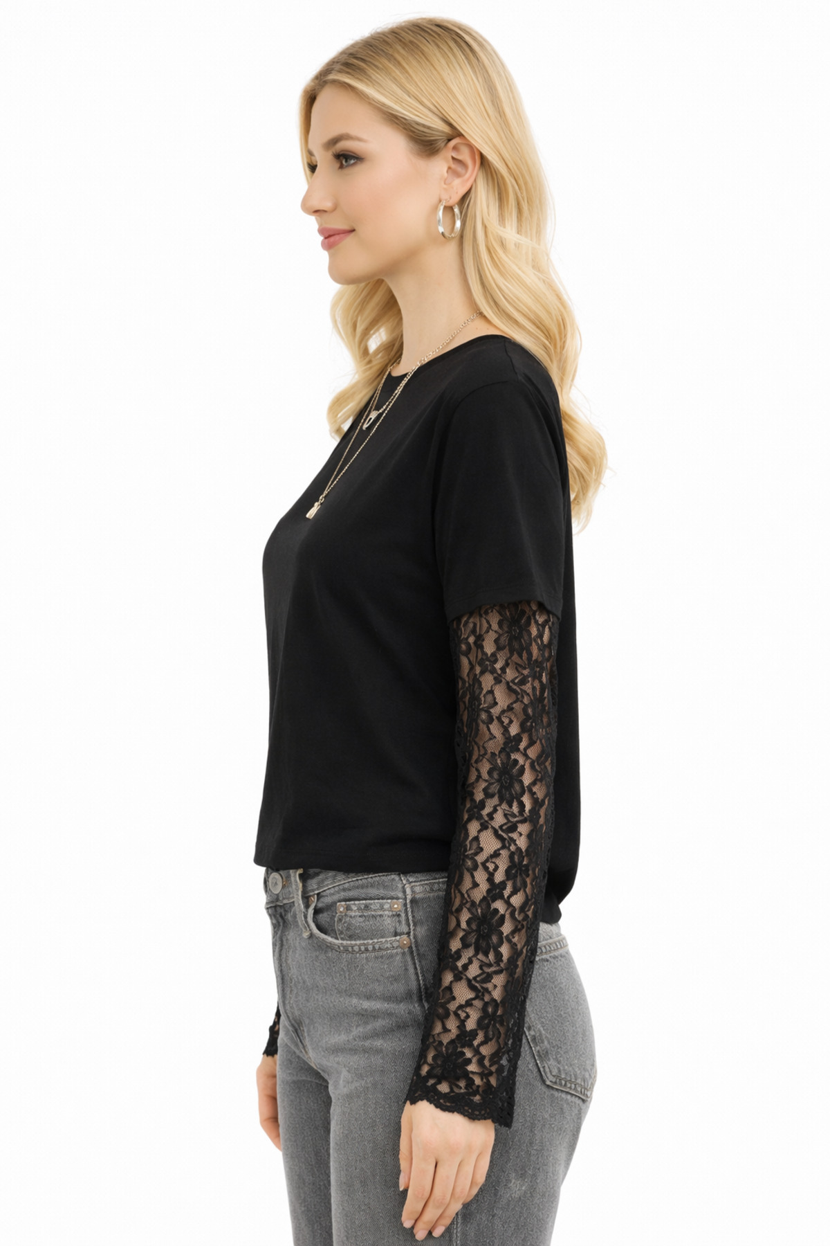 KAREL BUTİK  Kadın Siyah Kolu Dantel Garnili Modal Tuşeli Dökümlü Tişört - Görsel 2
