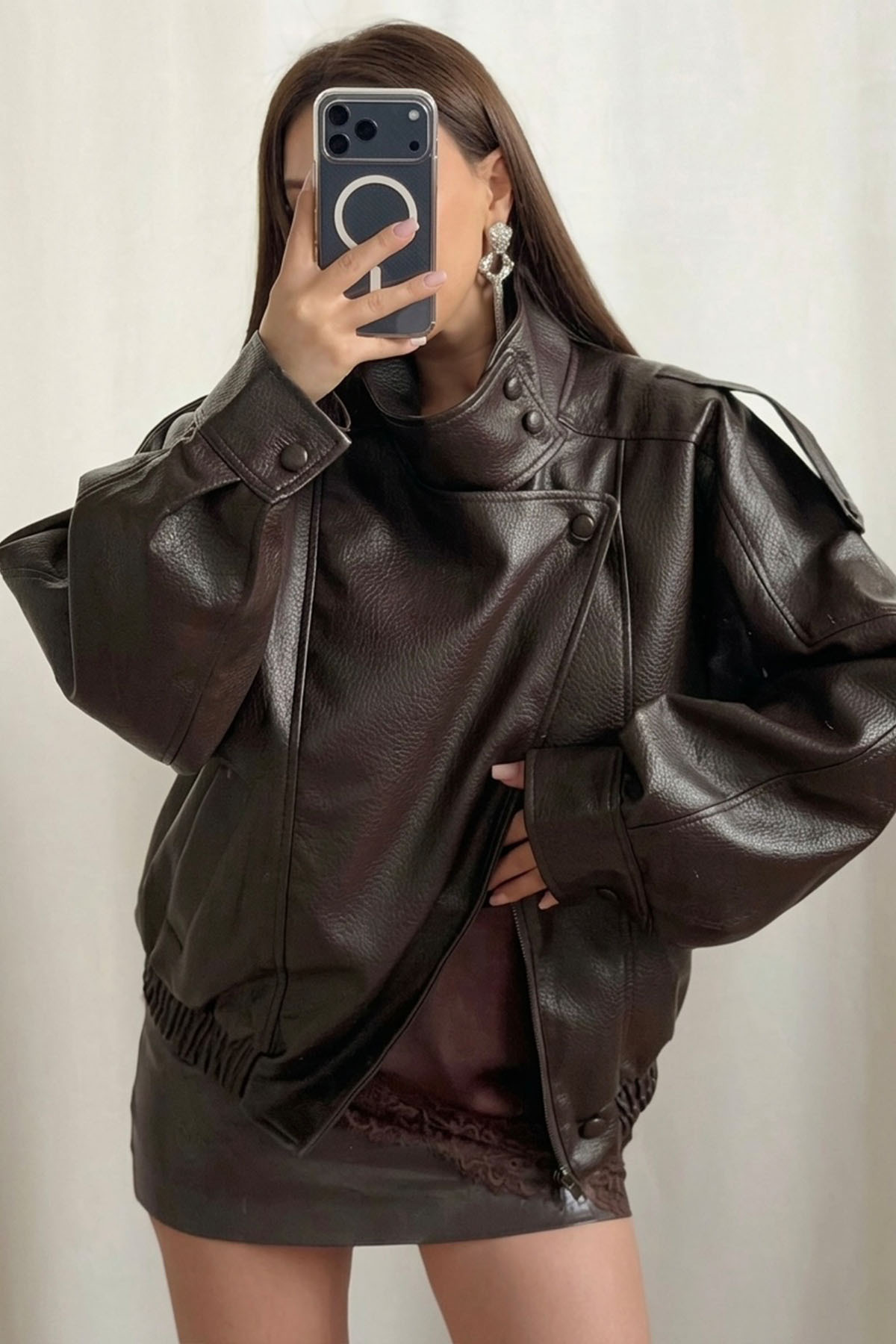 Moderk  ZRA Dik Yaka Dokulu Suni Deri Ceket - Görsel 3