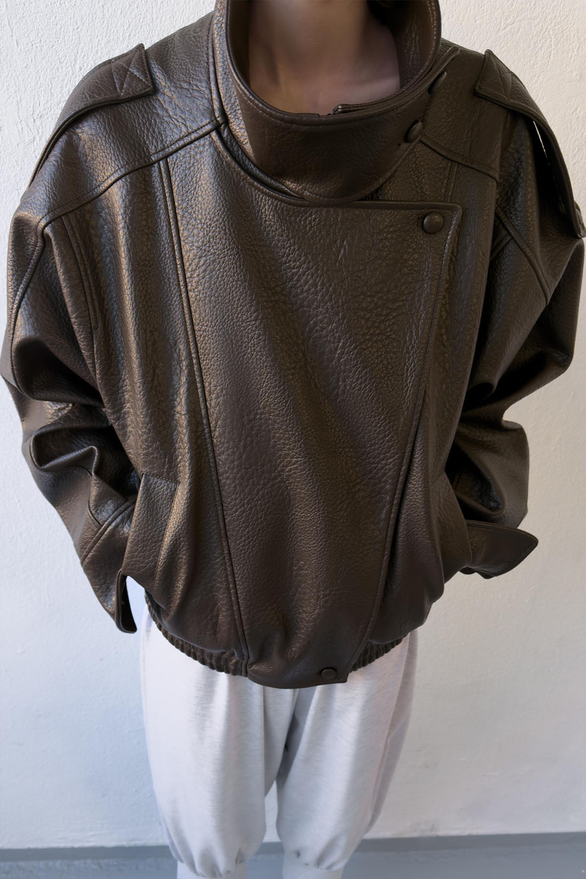 Moderk  ZR Dik Yaka Dokulu Suni Deri Ceket - Görsel 3