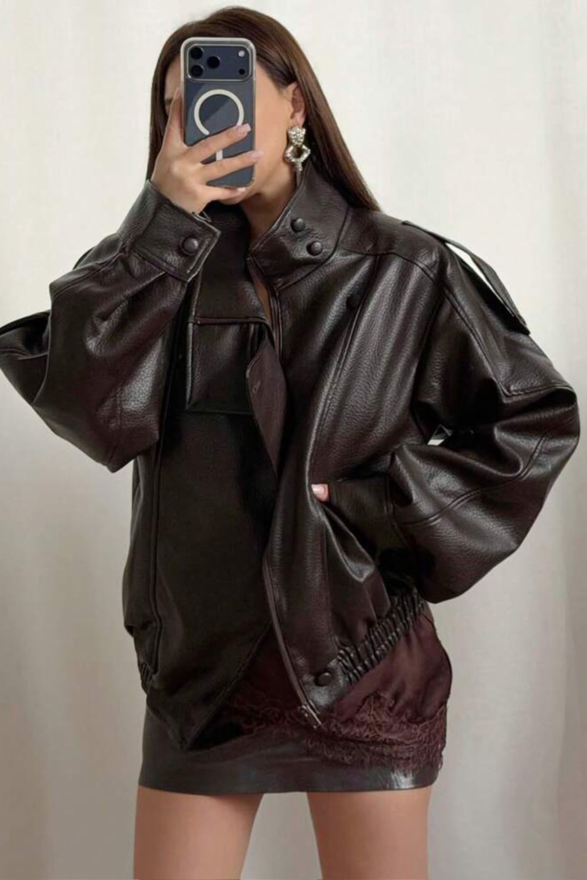 Moderk  ZRA Dik Yaka Dokulu Suni Deri Ceket - Görsel 6