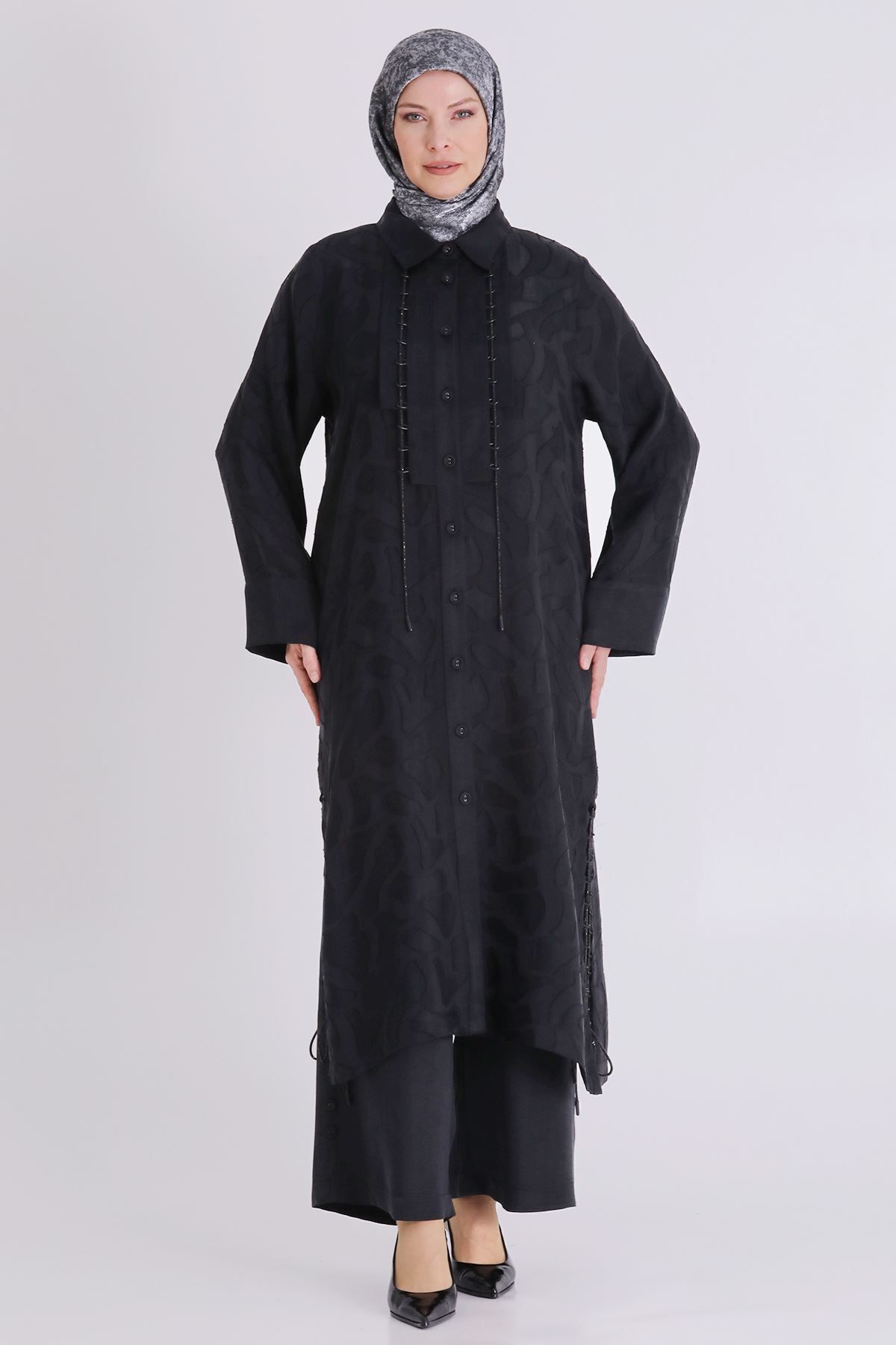 Behrem Büyük Beden Tesettür Pantolonlu Takım pamuklu kumaş siyah - XL