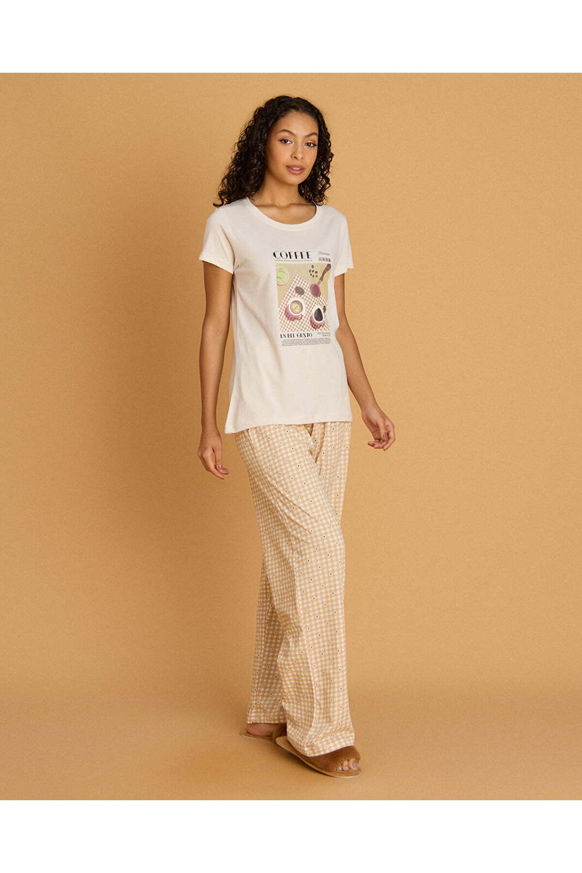 REDTAG Women Beige Chest Print Pyjama Set