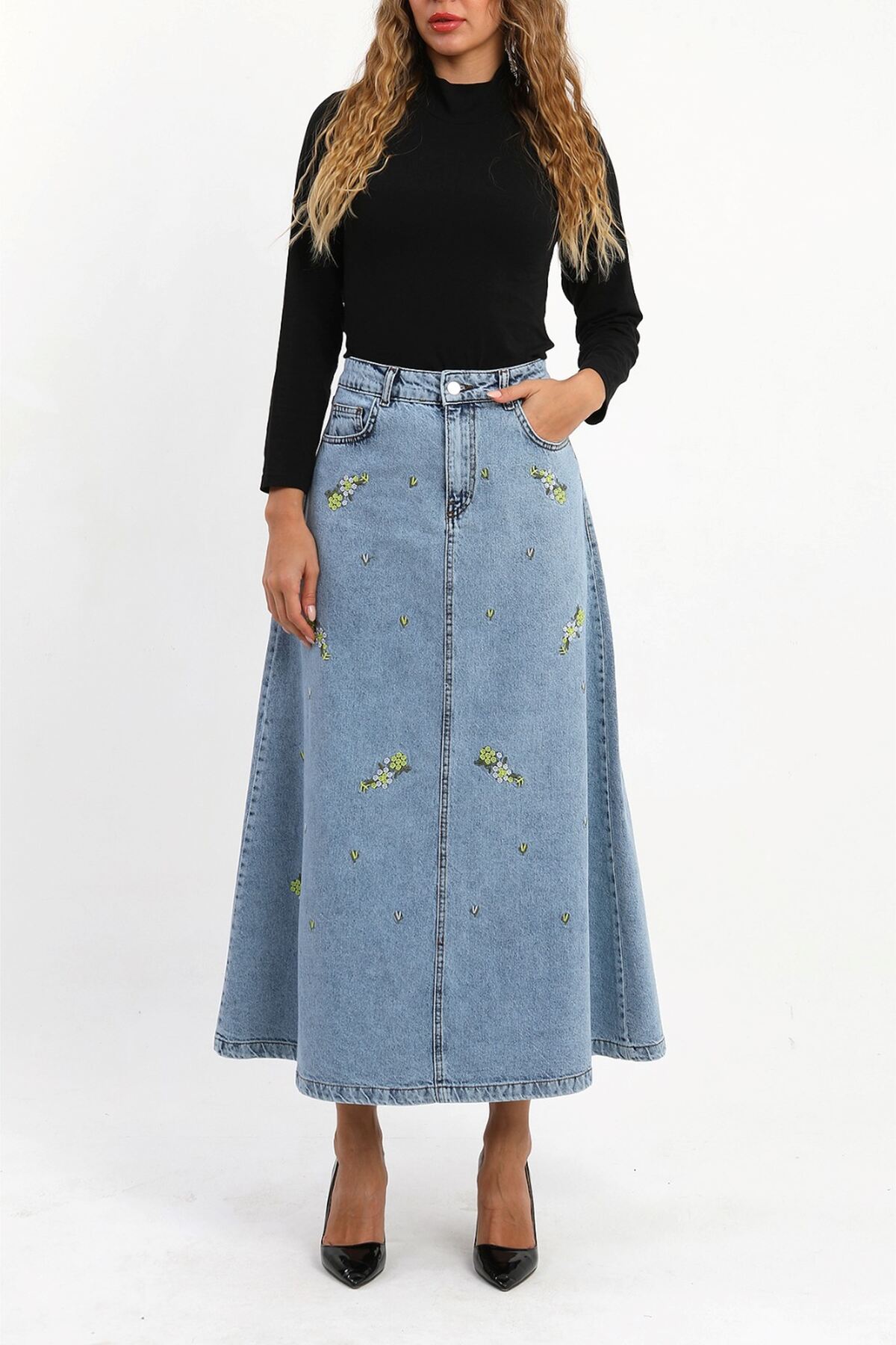 VELLICHOR  ÇİÇEKLİ NAKIŞ DETAYLI UZUN DENİM ETEK- MAVİ - Görsel 3