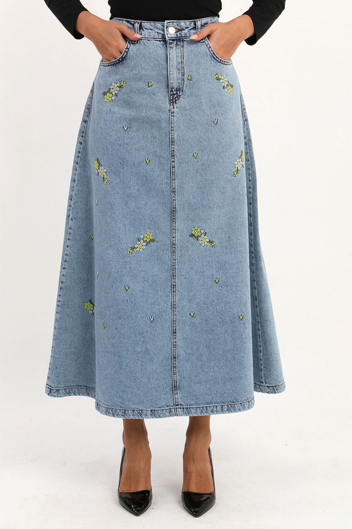 VELLICHOR  ÇİÇEKLİ NAKIŞ DETAYLI UZUN DENİM ETEK- MAVİ - Görsel 2