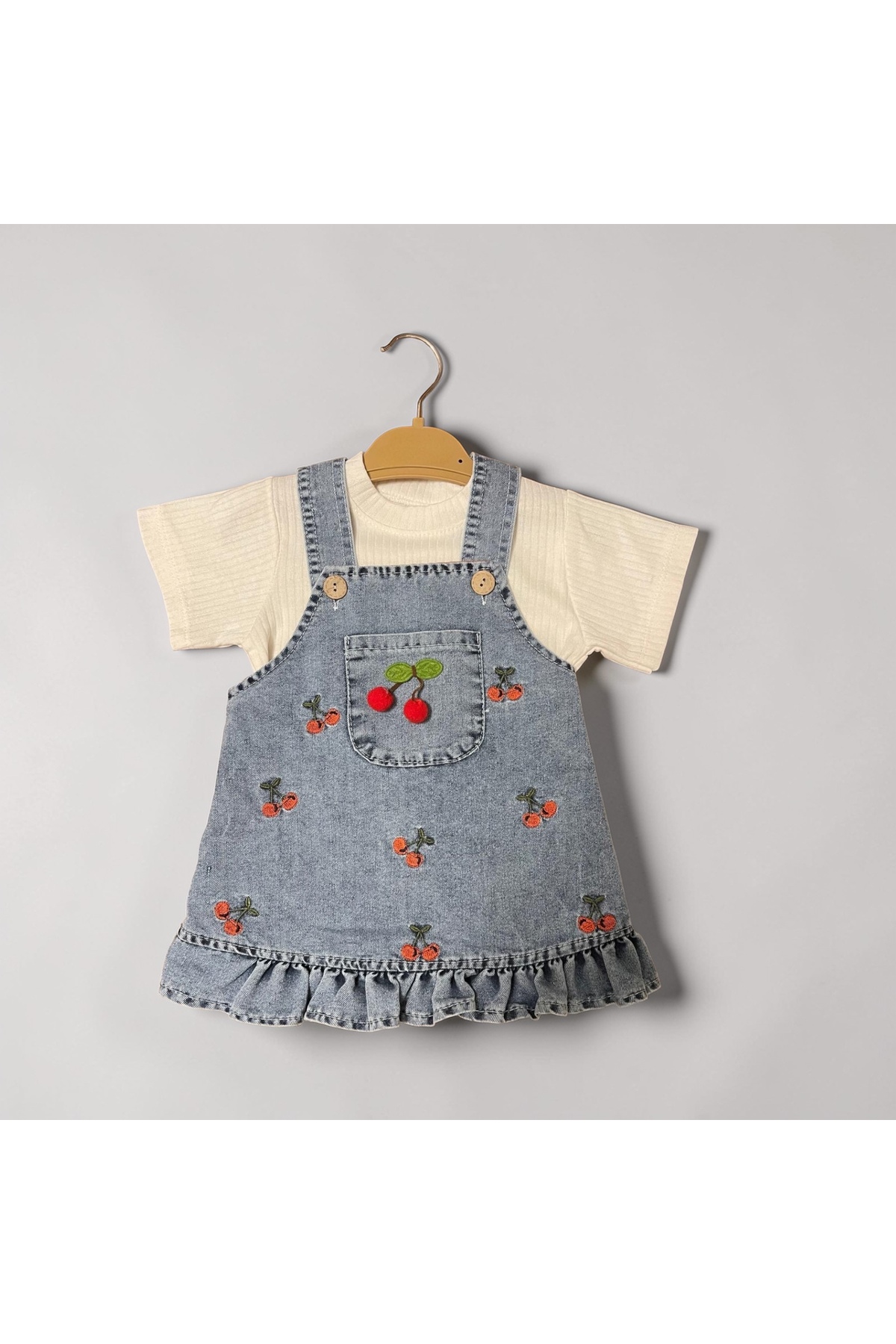 Leni Kids Kız Bebek Kot Salopet Elbise Kiraz Desenli , Kısa Kollu Bluz Takım fotoğrafı 2 (önizleme)