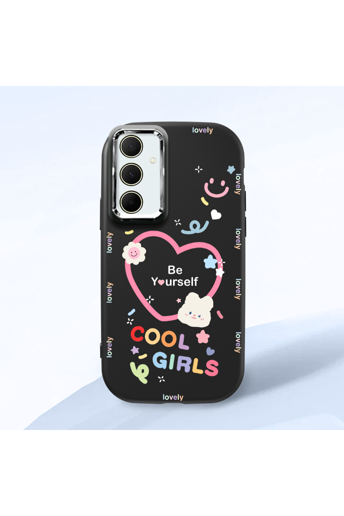 Samsung Galaxy A35 Compatible Black Soft Silicone Phone Case with Camera Protection Heart Pattern