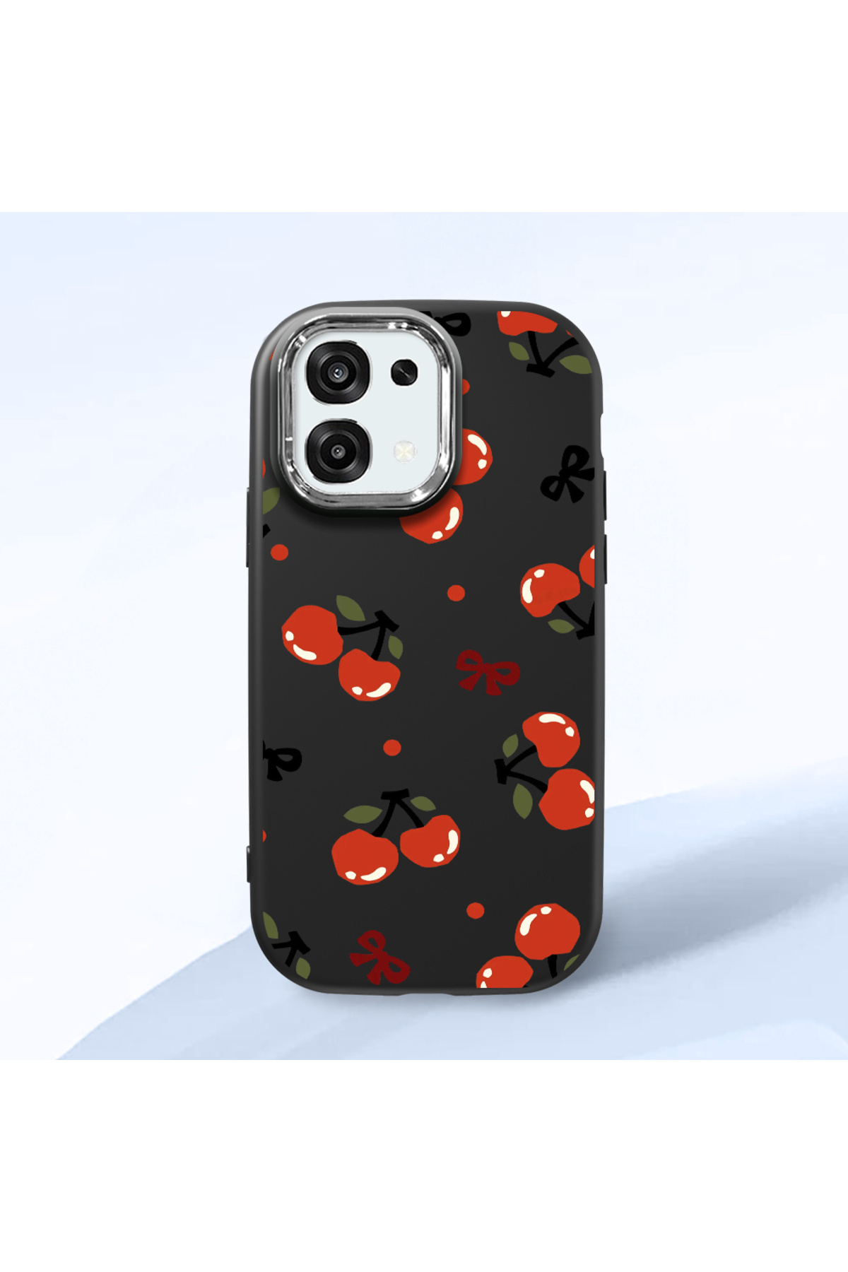 OPPO A6 Pro Compatible Black Soft Silicone Phone Case with Camera Protection with Cherry Pattern