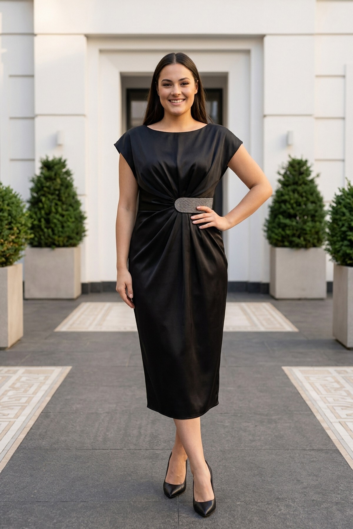 Women's Stone Waist Draped Plus Size Satin Midi Dress Slim Fit
