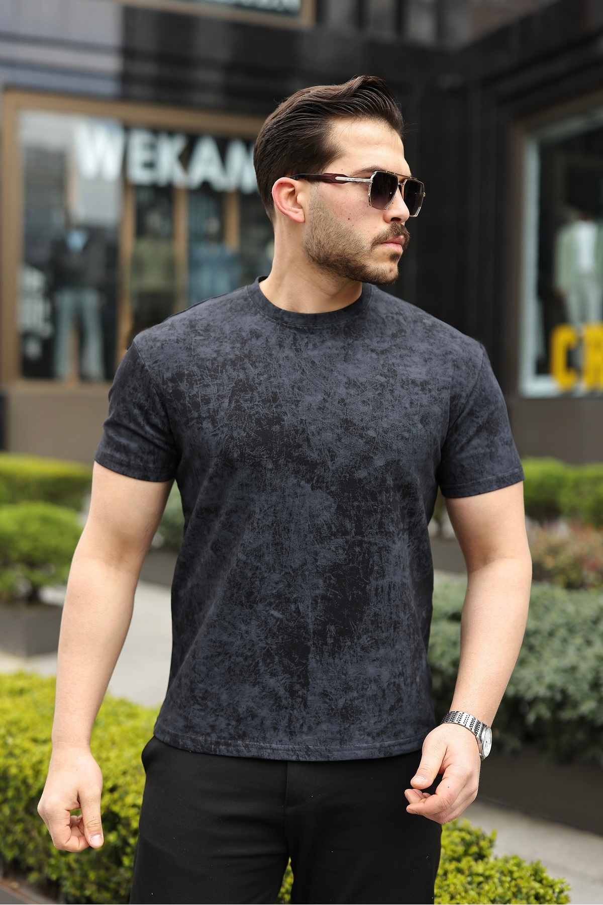 NERATHIS Men's Oversized T-Shirt Fat Pattern Two Yarn Fabric-Black