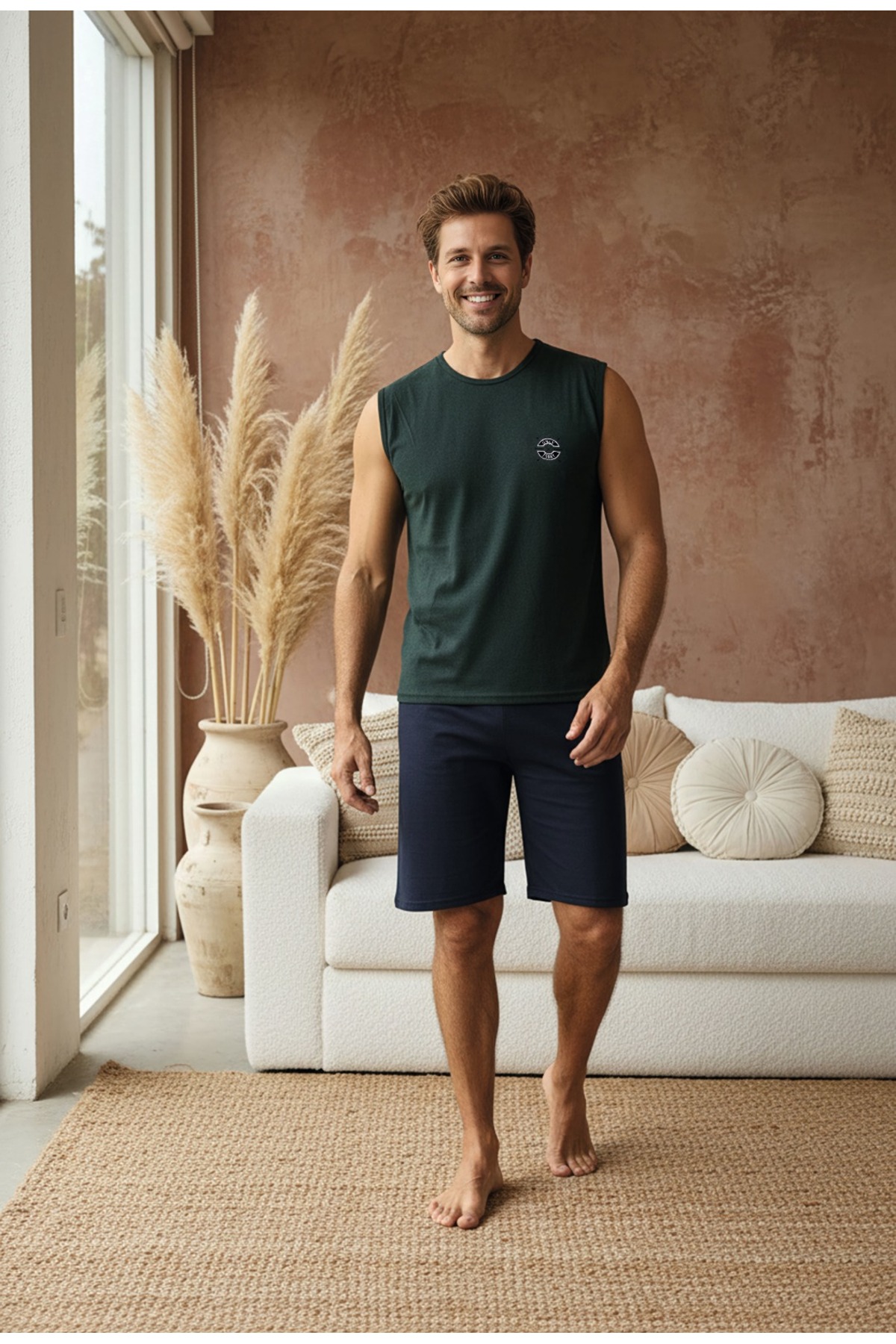 LİLA İÇ GİYİM Embroidered Zero Sleeve Shorts Men's Pajama Set