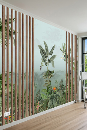 MİRAZAWALL Modern Ahşap Çıta Görünümlü Tropikal Orman Desenli Tek Parça Tekst...