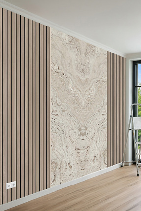 MİRAZAWALL Meşe Çıta Görünümlü Yan Paneller ve Bej Mermer Desenli Tek Parça T...