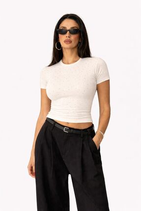 Vybe Collection Kadın Siyah ve Ekru Taşlı-Pırıltılı Kısa Kollu Likralı Tişört