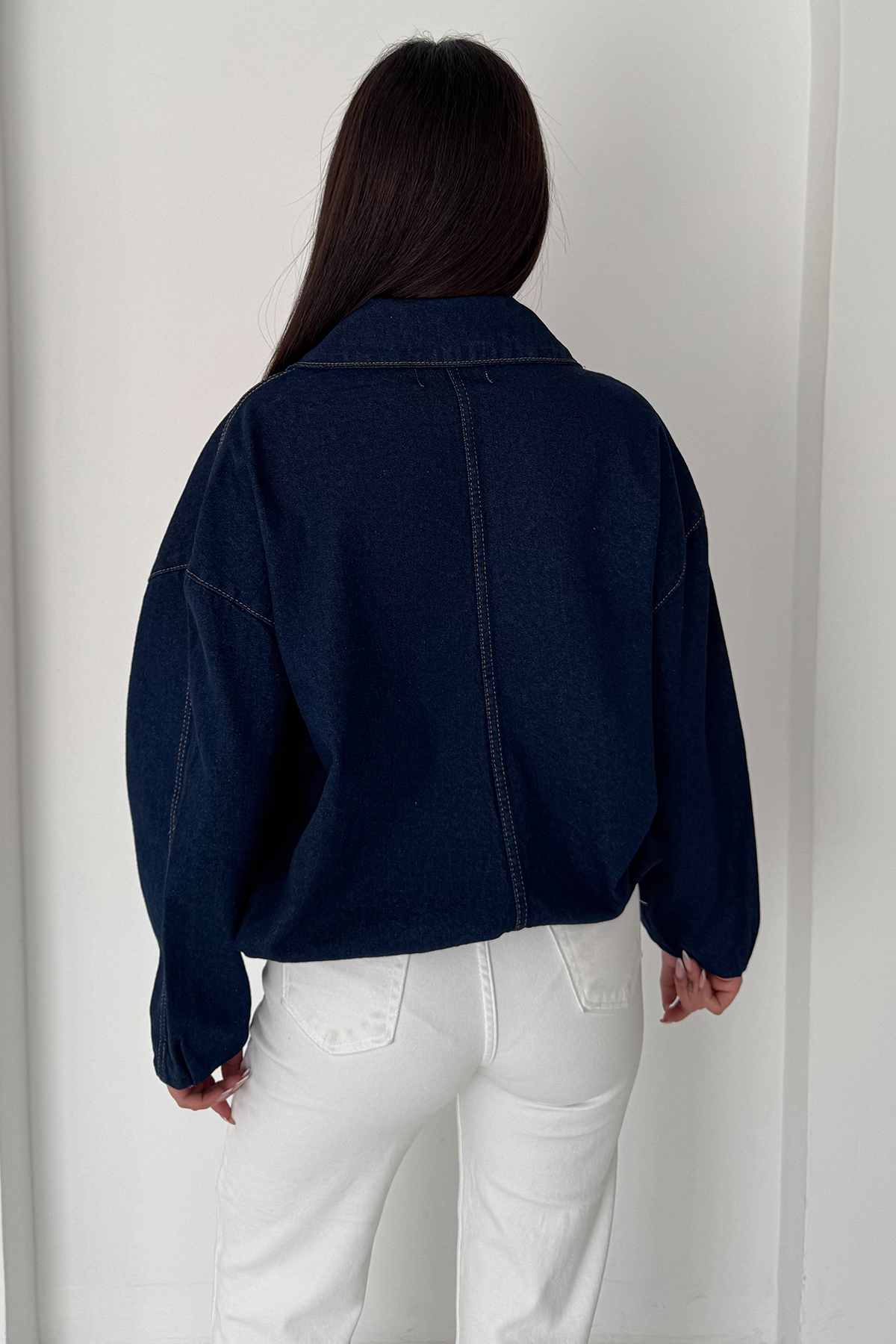 Noa Noa  Kadın Kemer Detaylı Kot Ceket – Oversize Fermuarlı Denim Ceket Lacivert - Görsel 7