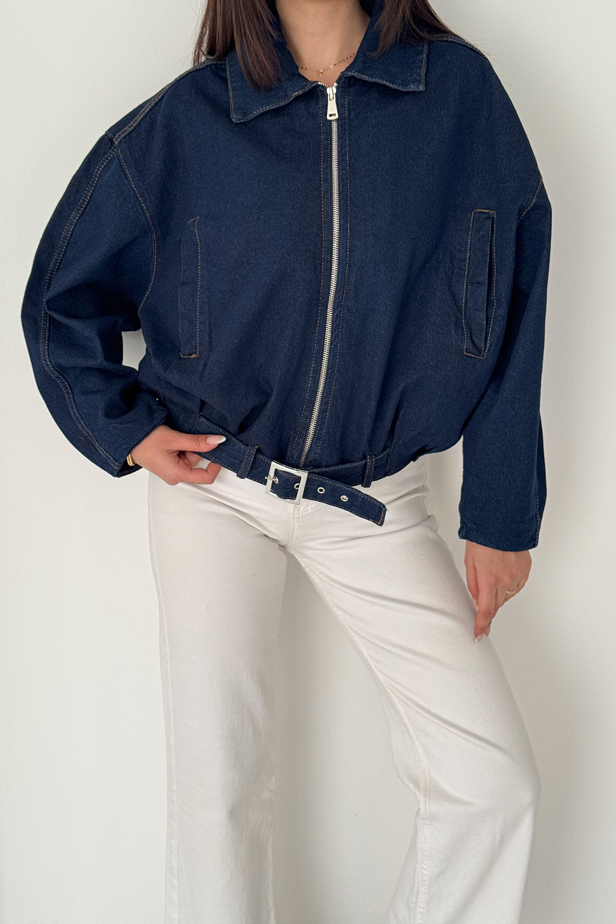 Noa Noa  Kadın Kemer Detaylı Kot Ceket – Oversize Fermuarlı Denim Ceket Lacivert - Görsel 6