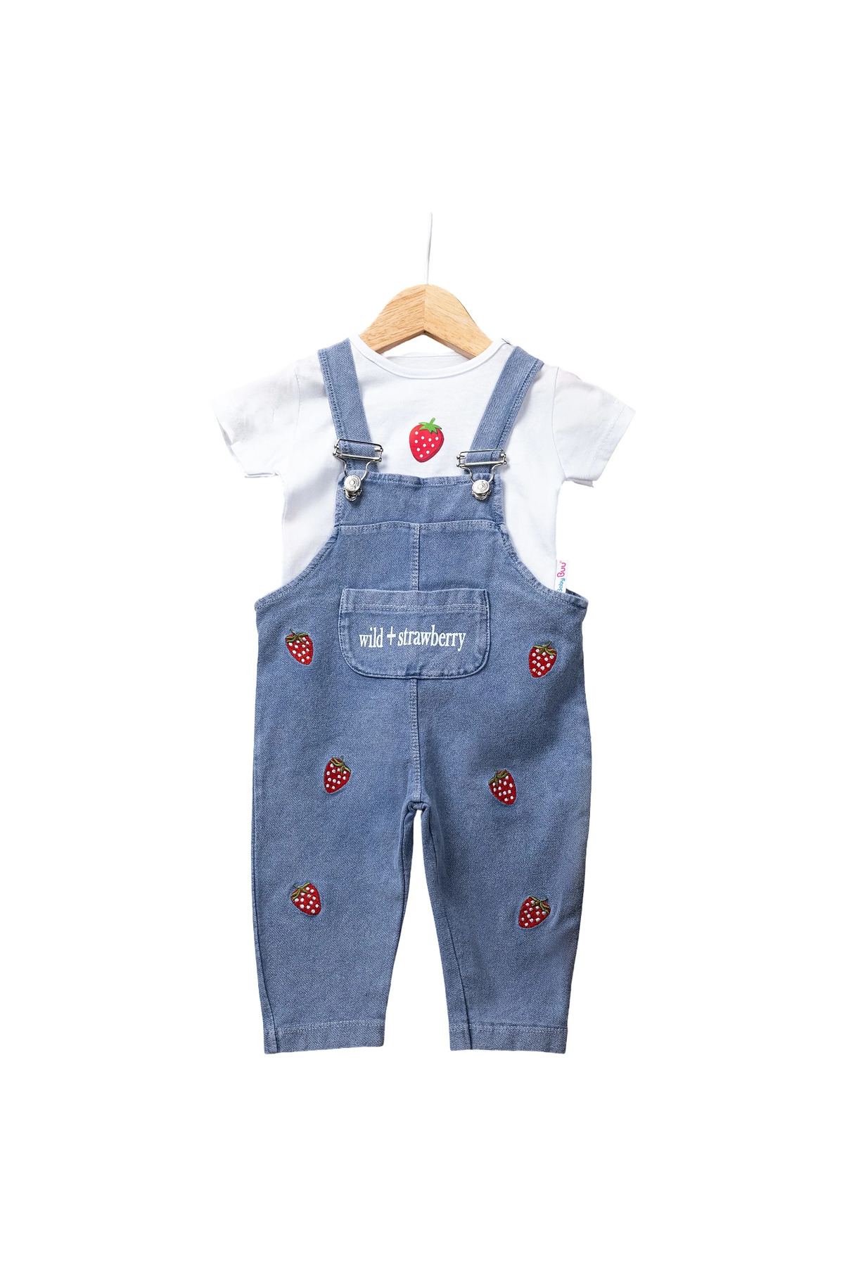 MixMax Bebe Kız Bebek Çilek Desenli Kısa Kollu Sweatshirt Bebek Salopet fotoğrafı 4 (önizleme)