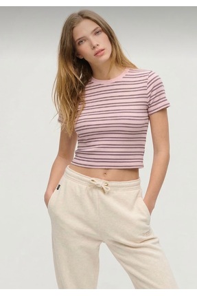 Olbia Çizgili Crop Tişört Kısa Kollu Bisiklet Yaka Kadın Bluz
