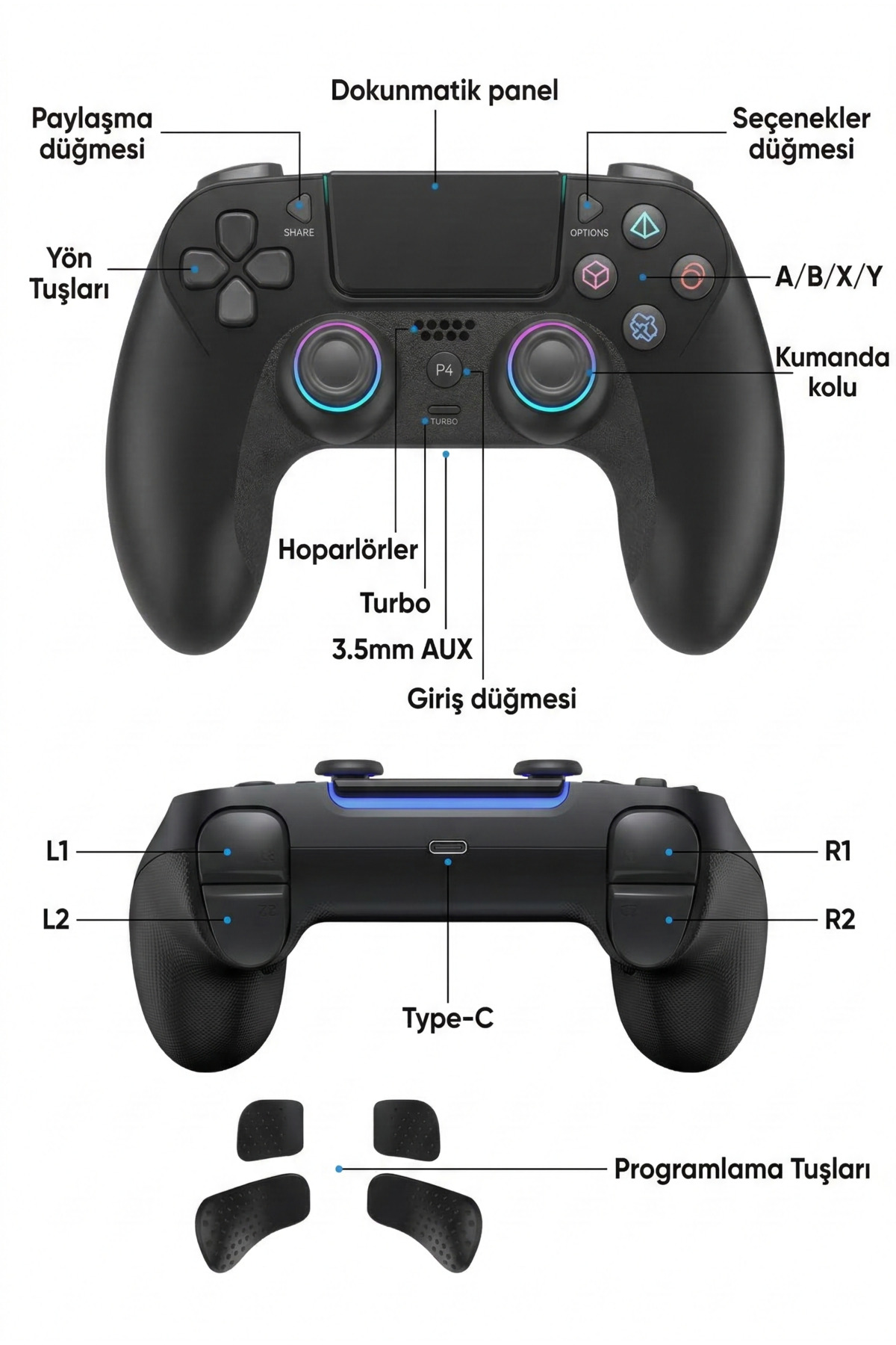 PS3-PS4-Android- IOS Uyumlu Kablosuz Oyun Kolu - Çift Titreşimli ve Dokunmatik - Bluetooth Joystick