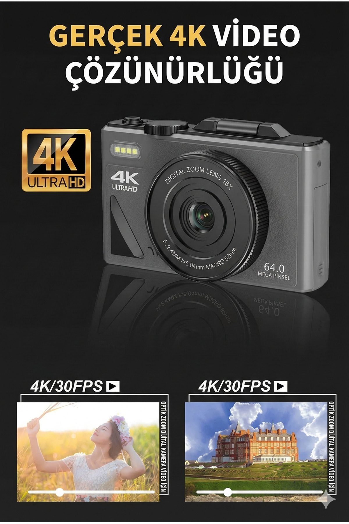 4K Ultra HD Dijital Vlog Kamerası - 16X Dijital Zoom - Oto Fokus ve Gece Görüşlü Fotoğraf Makinesi