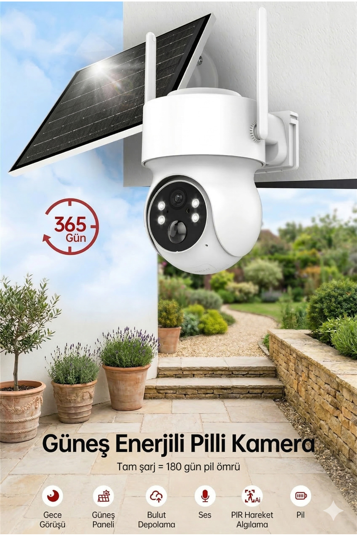 Solar Şarjlı Kablosuz Güvenlik Kamerası – WiFi IP Kamera, Gece Görüş & Hareket Algılama
