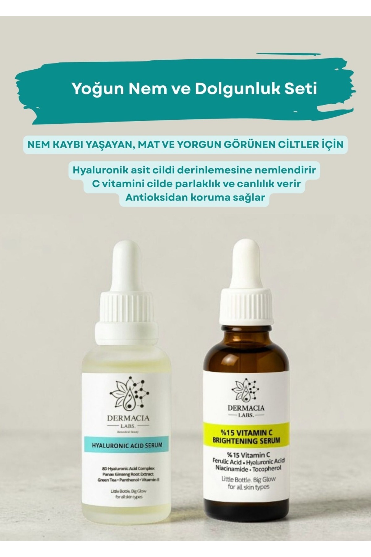 Dermacia Labs Bioceuticals Beauty Aydınlık ve Nem Bakım Seti, %15 C Vitamini Serumu+Hyaluronik Asit Serumu — DL-AYSET2