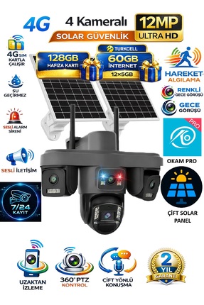 Visenox OK335 12MP 4 Kameralı 4G Solar Güvenlik Kamerası AOV Gece Görüş 128GB...