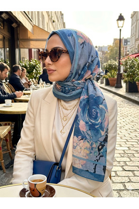 Nazellaa Desenli Müslin Şal indigo mavisi
