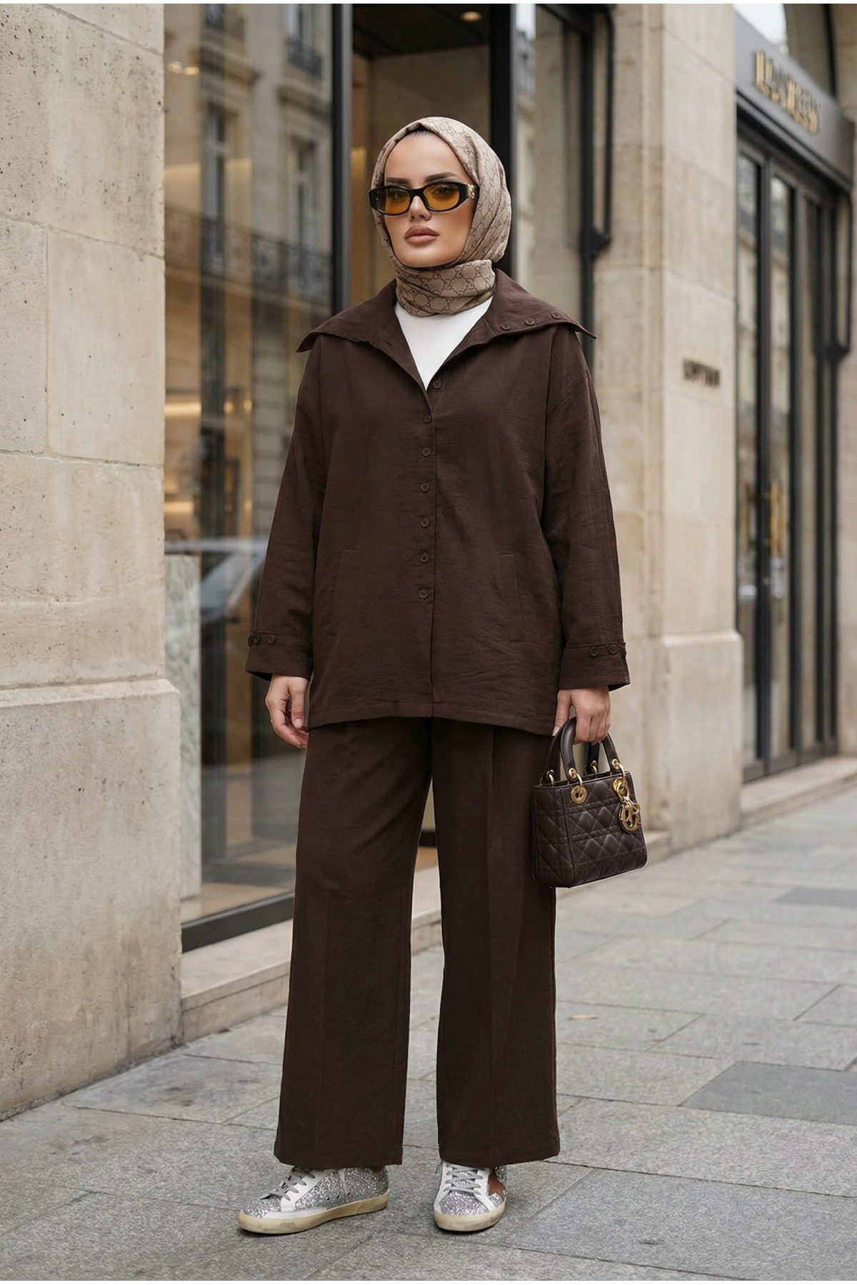 Aselim Hijap Moda Massimo Model Kupra Fabric Buttoned Shirt-Jacket Palazzo Pants Set/Light Brown