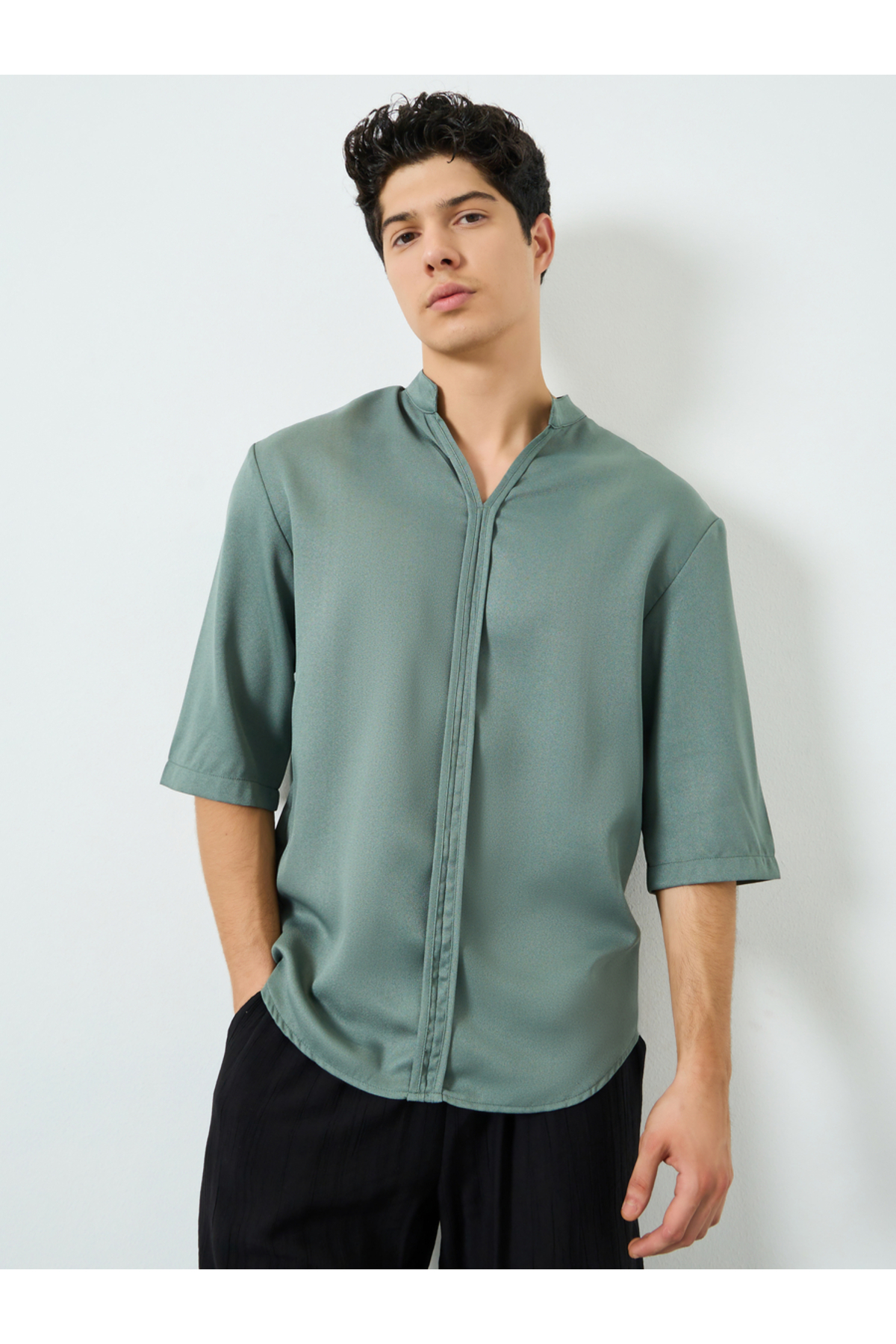 Take Two By Styli Men Green Woven Polo Shirt