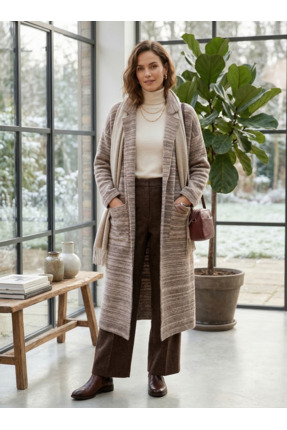 Qoolest Kadın Açık Kahve Ceket Yaka Cepli Uzun Triko Hırka