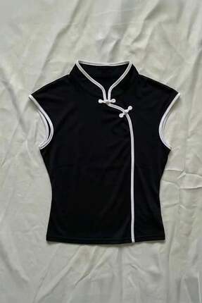 Karakedi Basic China Style Mandarin Yaka Şerit Detay Düz Kısa Kollu Bluz