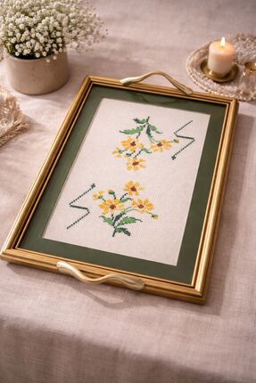 LZ STUDİO El Yapımı Papatya Desenli Etamin Kanaviçe Söz & Nişan Tepsisi (30x4...