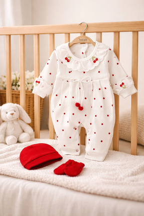 BYMURAT BABY Kirazlı Zarafet 3’lü Set (Tulum + Şapka + Eldiven)