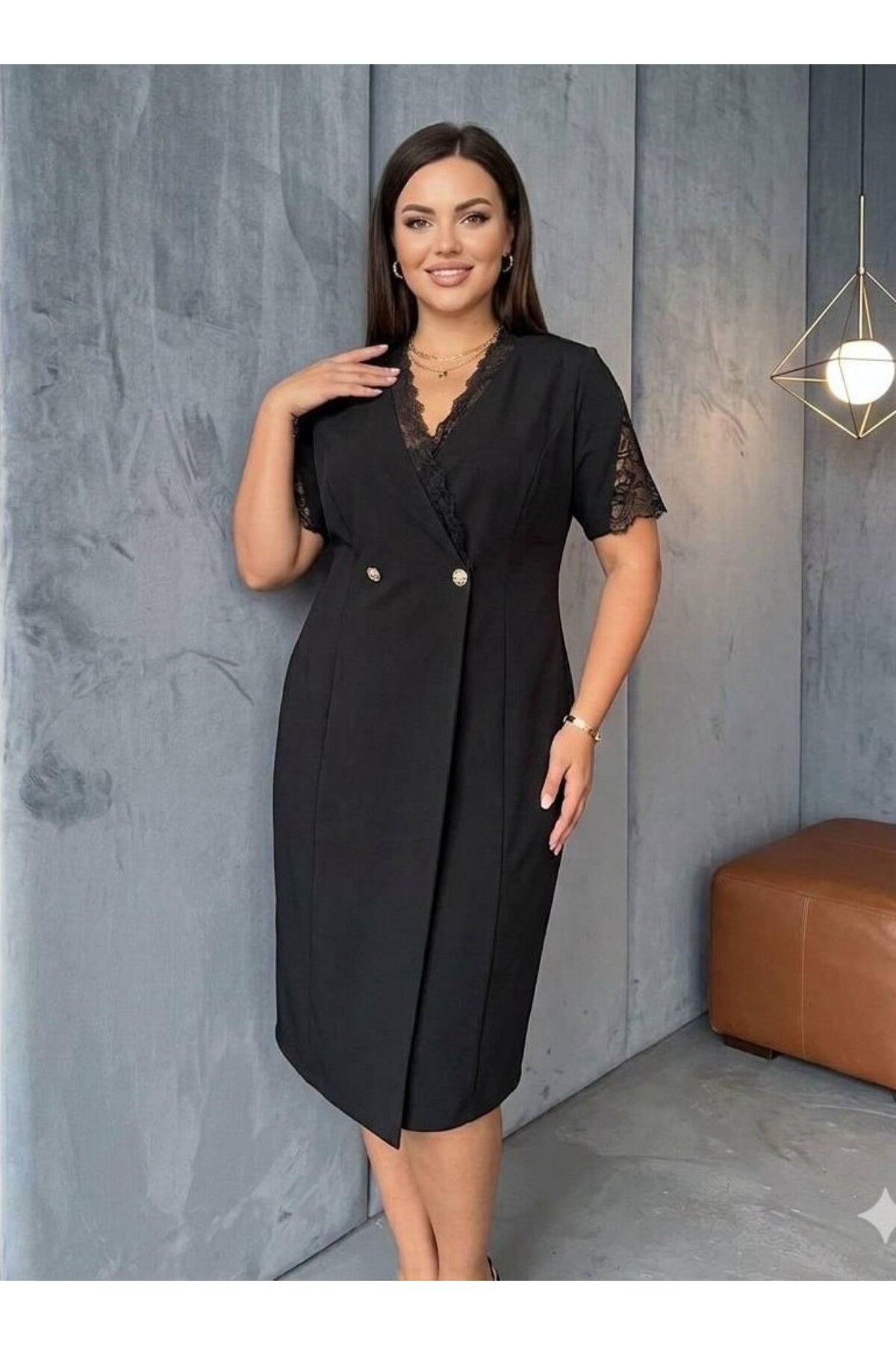 LİBRE  Kruvaze Yaka Dantel Detaylı Esnek Abiye Elbise