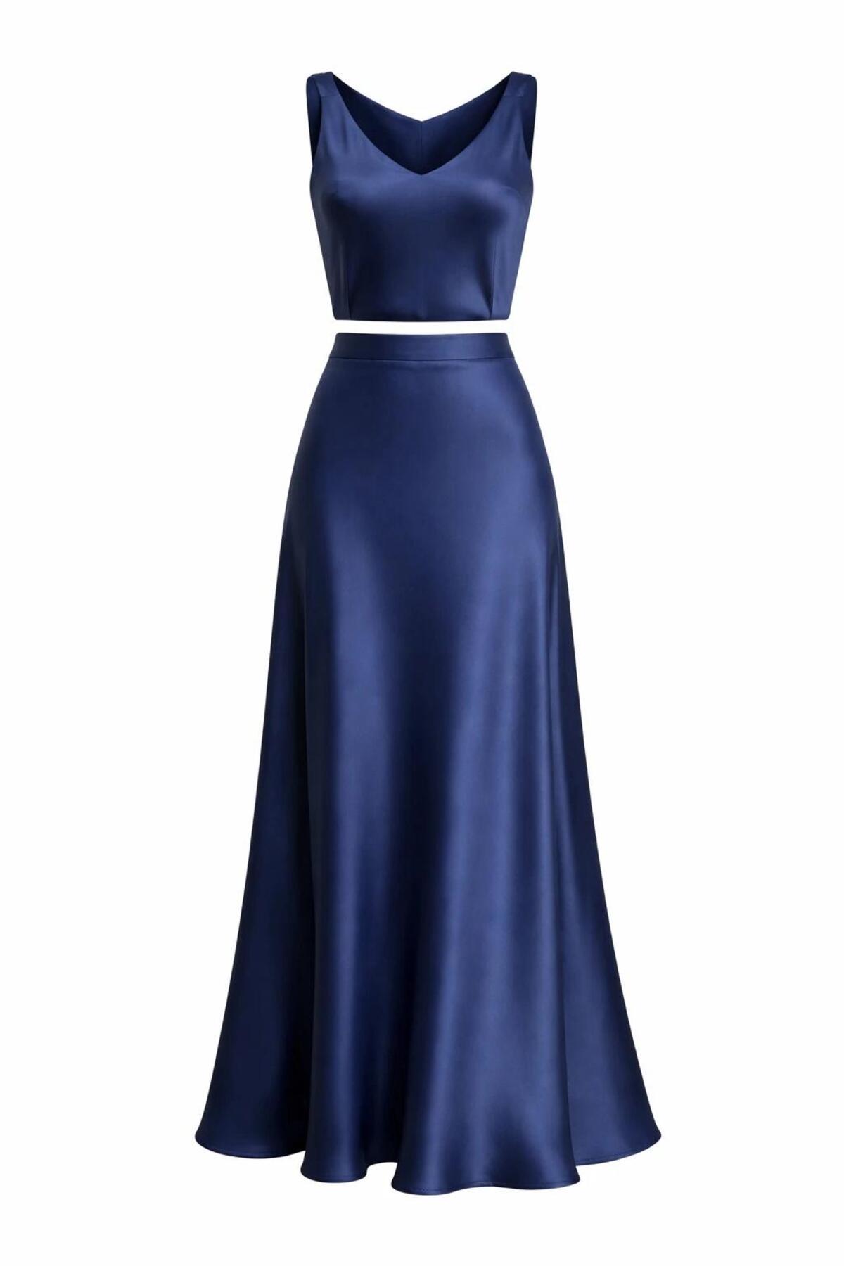 Women's Navy Blue High Waist Flared Long Viscose Skirt