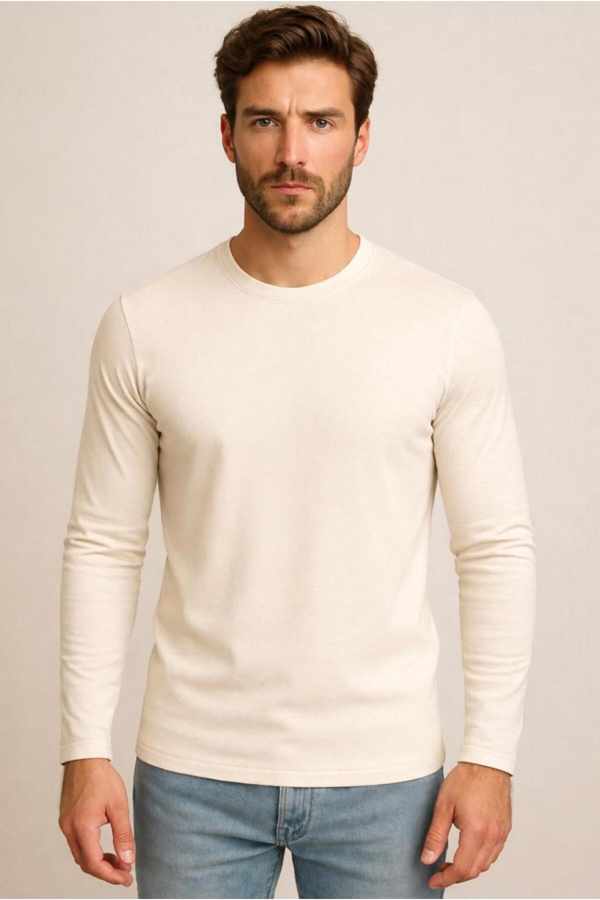 Men's Light Cream Cotton Lycra Single Jersey Long Sleeve T-shirt-D240