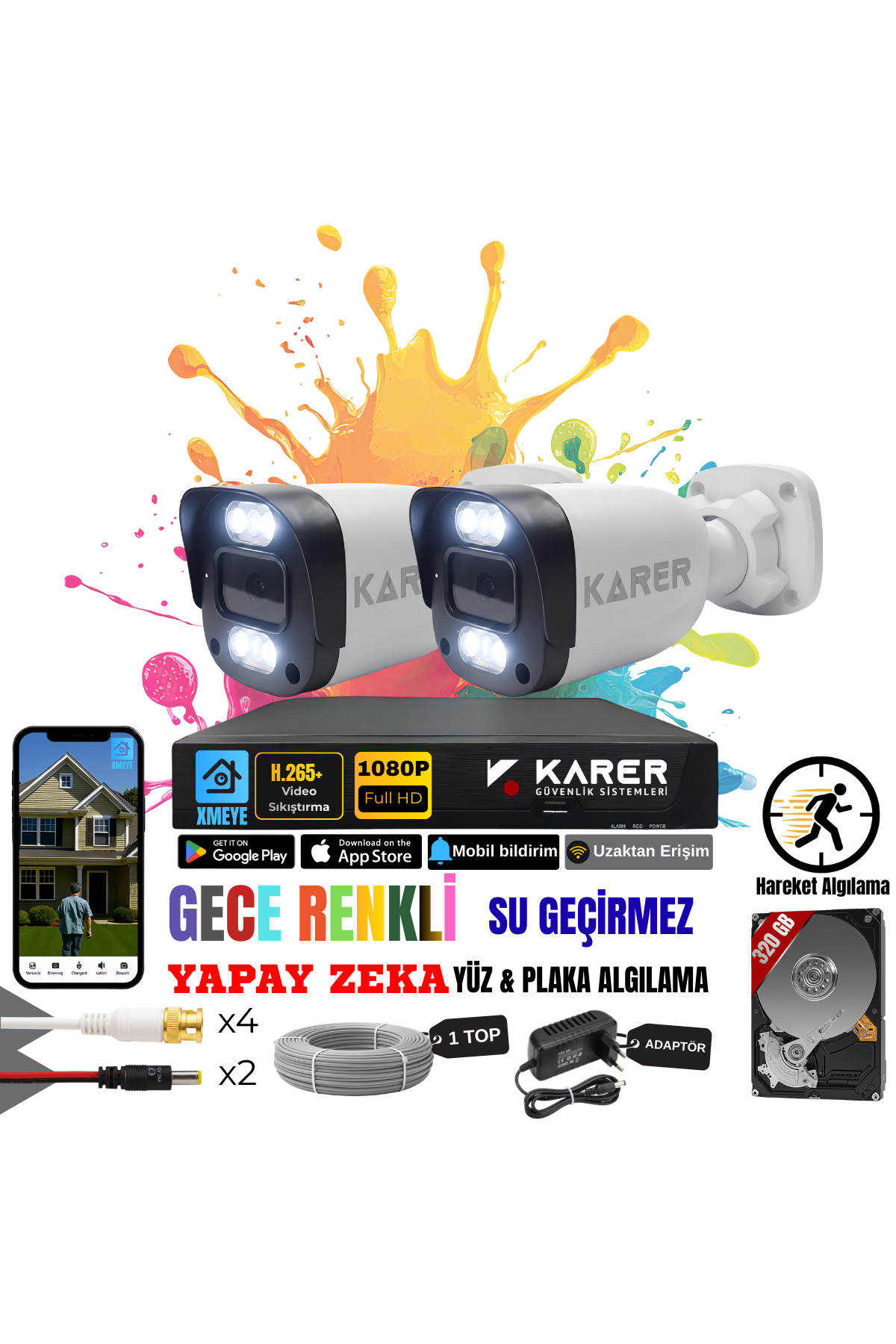 EXİTCAM 2 Kameralı Full HD AHD Güvenlik Seti – 320 GB HDD, Renkli Gece Görüşü, Yapay Zekâ Destekli Y