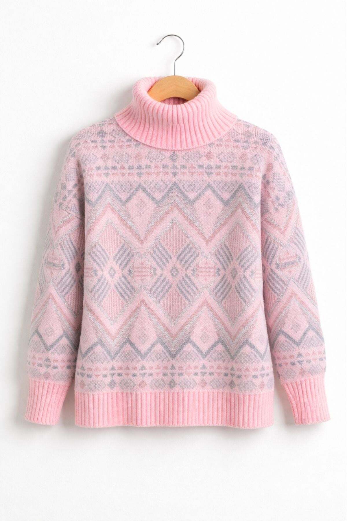 Irmak Kerekli  Kadın Kilim Desenli Yumuşak Dokulu Balıkçı Yaka Triko Kazak 7590 Pembe - Görsel 5