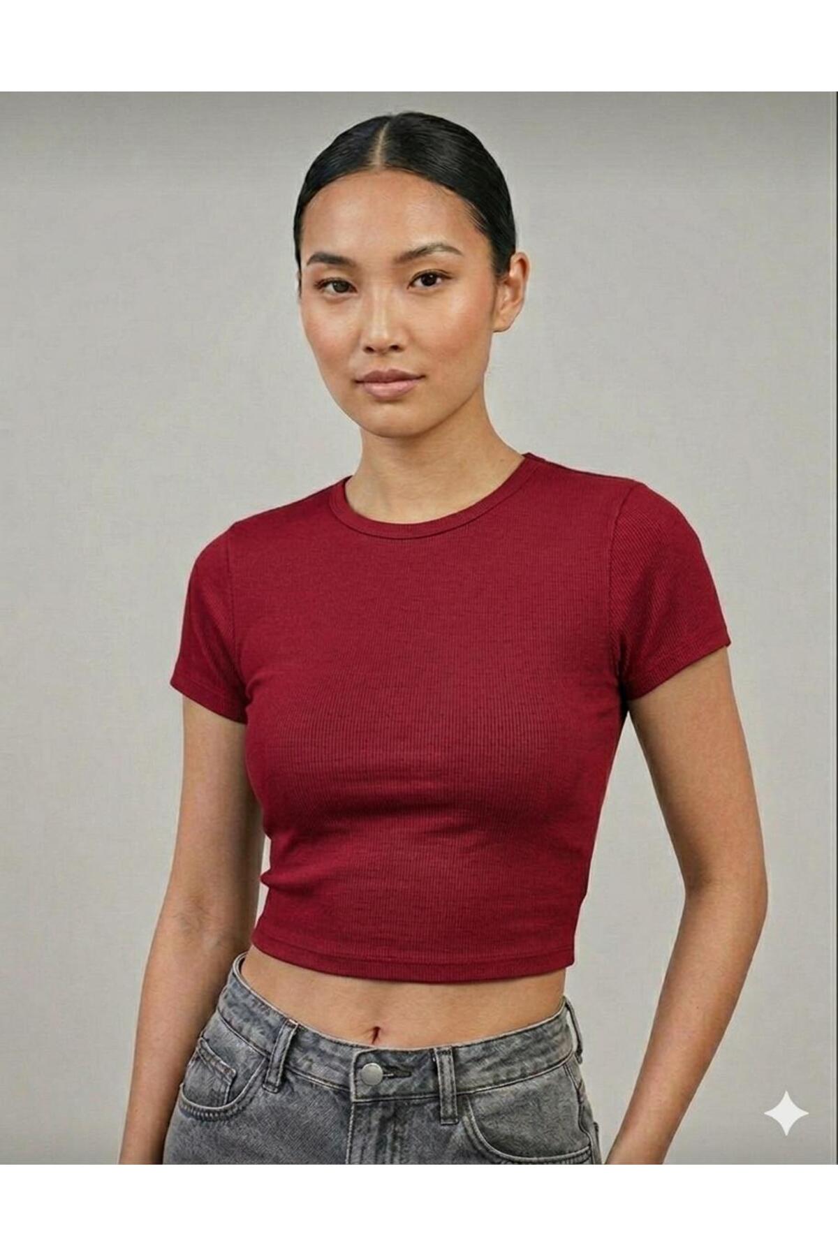 MİLYA&GYM  Kadın 4'lü Paket Fitilli Kaşkorse Pamuklu Vücuda Yapışan Bisiklet Yaka T-SHİRT-ATLET Set Crop Bluz - Görsel 4