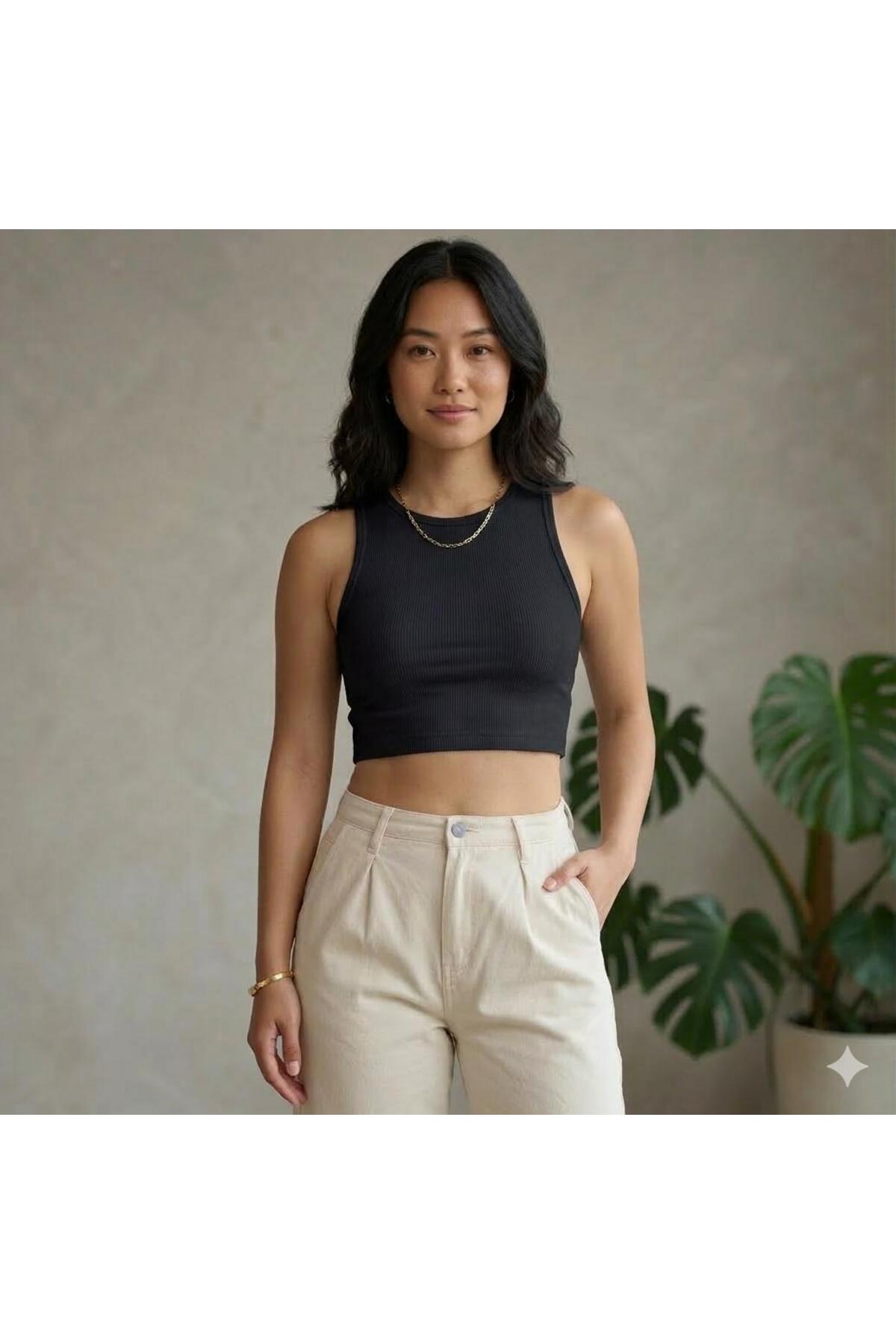 MİLYA&GYM  Kadın 4'lü Paket Fitilli Kaşkorse Pamuklu Vücuda Yapışan Bisiklet Yaka T-SHİRT-ATLET Set Crop Bluz - Görsel 3