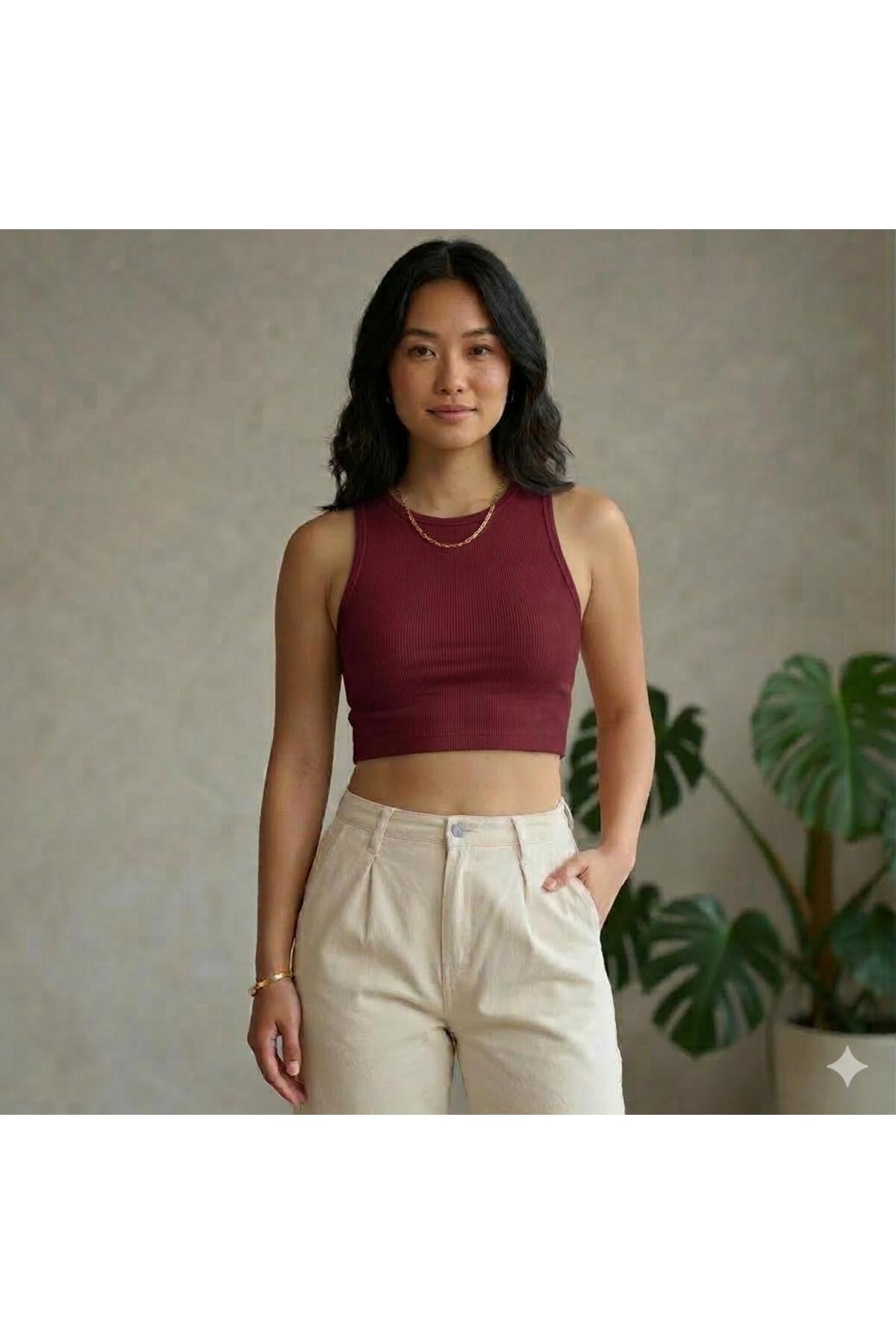 MİLYA&GYM  Kadın 4'lü Paket Fitilli Kaşkorse Pamuklu Vücuda Yapışan Bisiklet Yaka T-SHİRT-ATLET Set Crop Bluz - Görsel 2