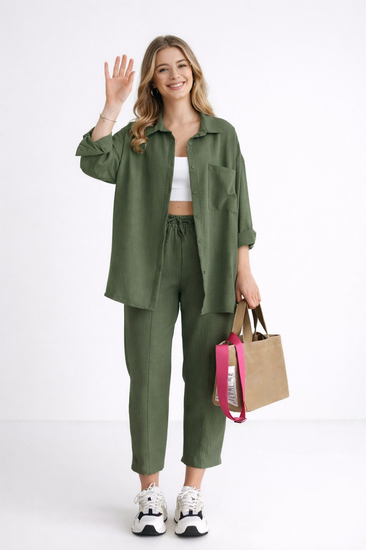 Toridas Women's Linen Look Shirt Pants Khaki Set