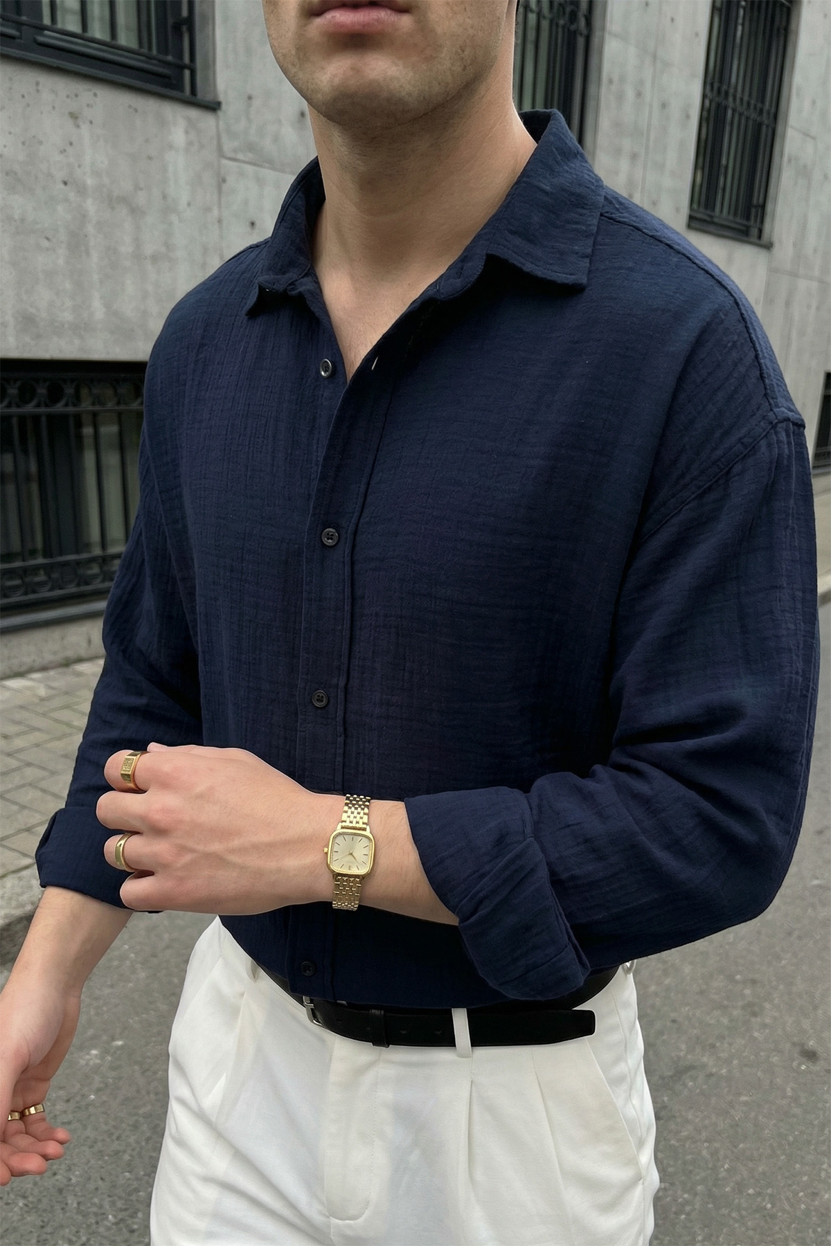 Livio Ferri  Yurin Erkek Premium Müslin %100 Pamuk Oversize Uzun Kollu Gömlek - Görsel 5