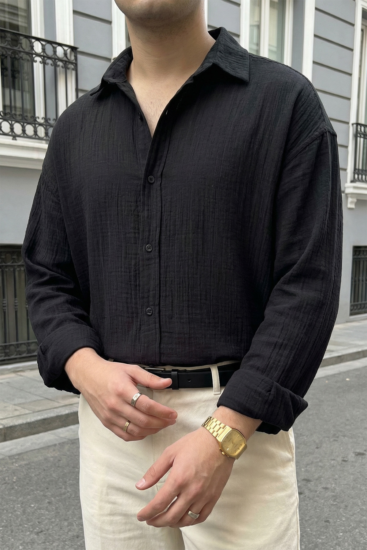 Livio Ferri  Yurin Erkek Premium Müslin %100 Pamuk Oversize Uzun Kollu Gömlek - Görsel 5