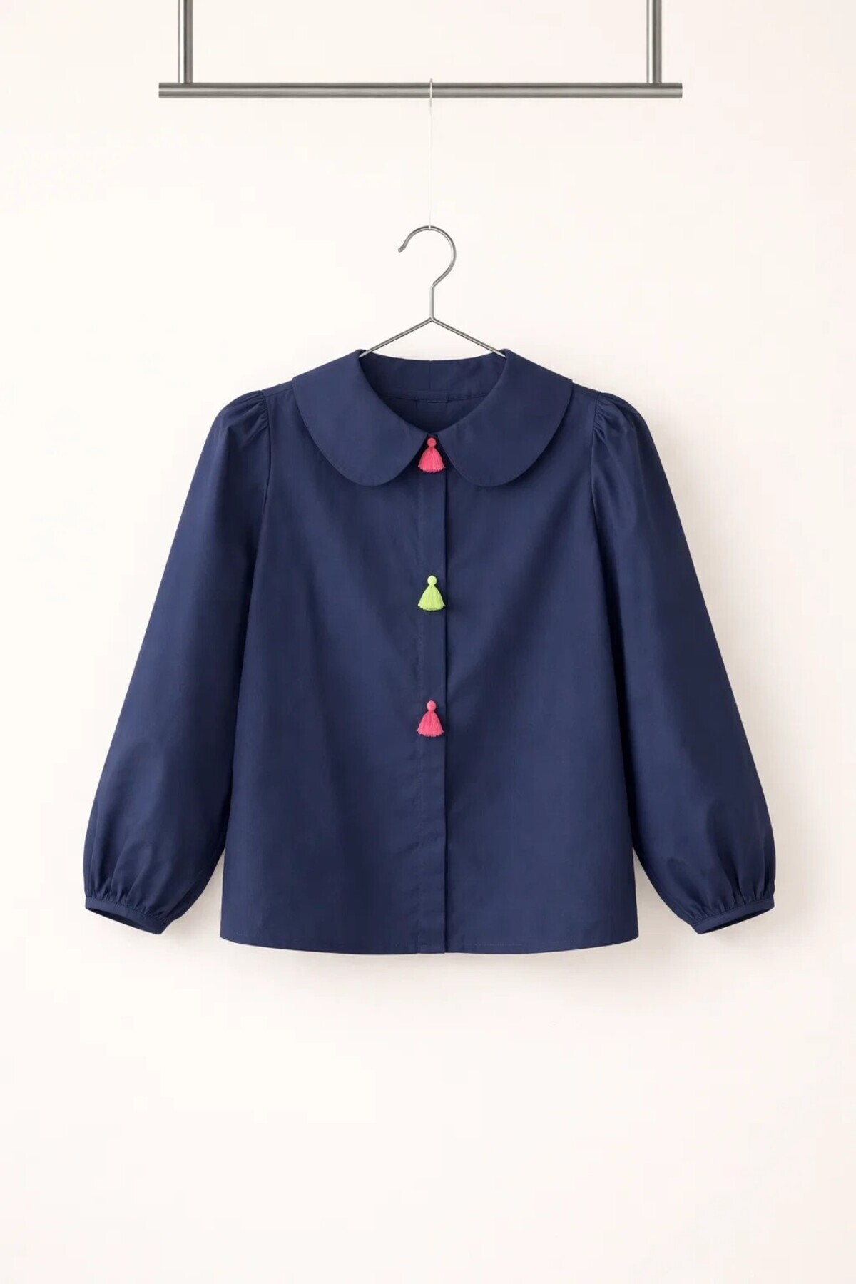Navy Blue Tassel Detailed Peter Pan Collared Blouse for Girls