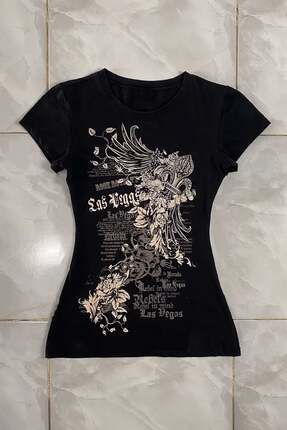 ARS Butik Siyah Las Vegas Rebels Grunge Y2K Kısa Kollu Crop Body